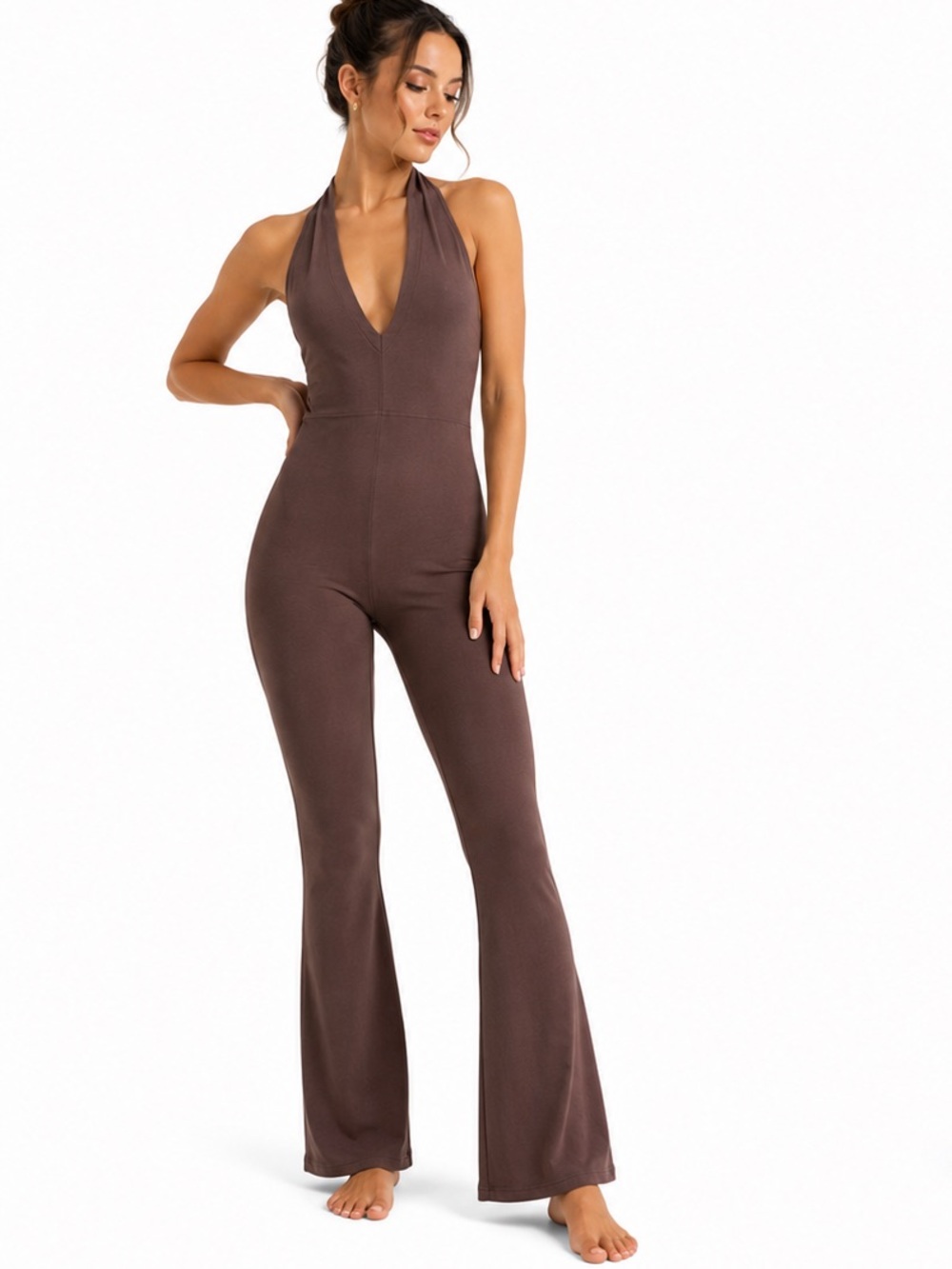 Vintage Brown Halter Neck Wide Leg One Piece Jumpsuit Romper xxs